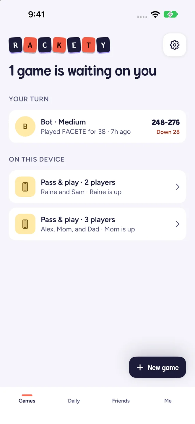 The games list showing saved matches with each game's scores and whose turn it is