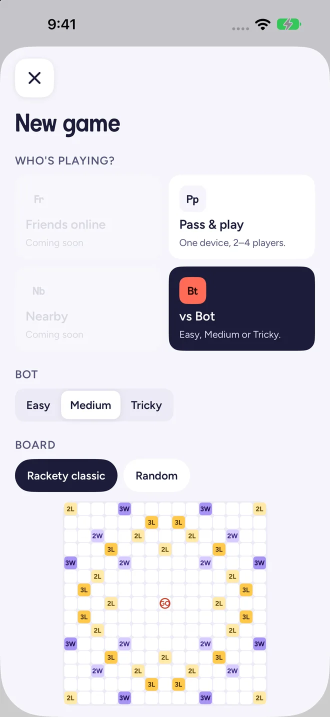 The New Game screen with choices for players, board, rack size and dictionary